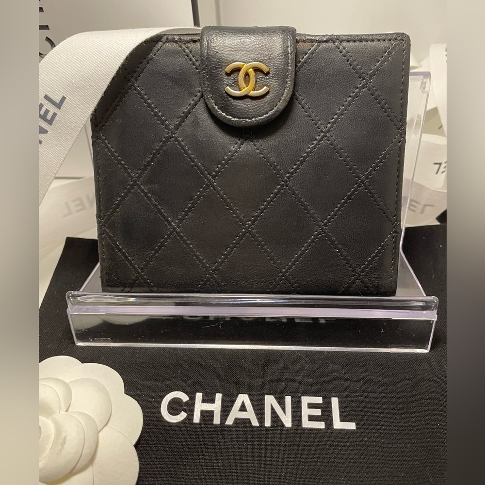 Chanel diamond stitched double snap wallet